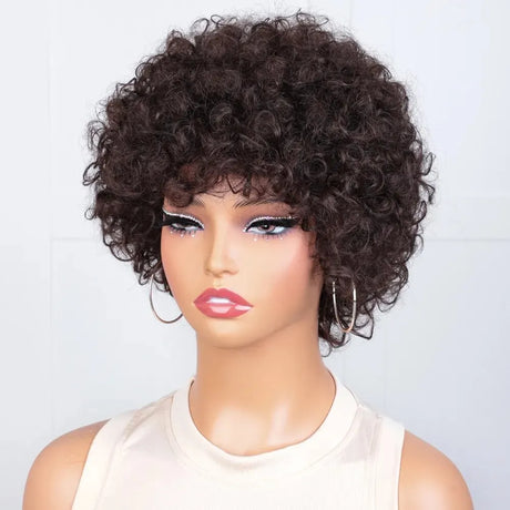 Pixie Short Afro Curly Bob Human Hair Wigs With Bangs For Women Brazilian Remy Hair Wear and Go Natural Brown Kinky Curly Wigs