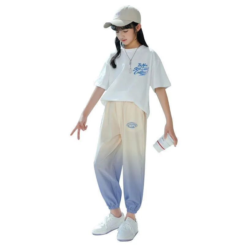 Girls Summer Trend Sports 2pcs Ice Silk T-shirts+Ninth Anti Mosquito Pants Suits 5-13 Years Girls Loungewear Oufits Kids Clothes