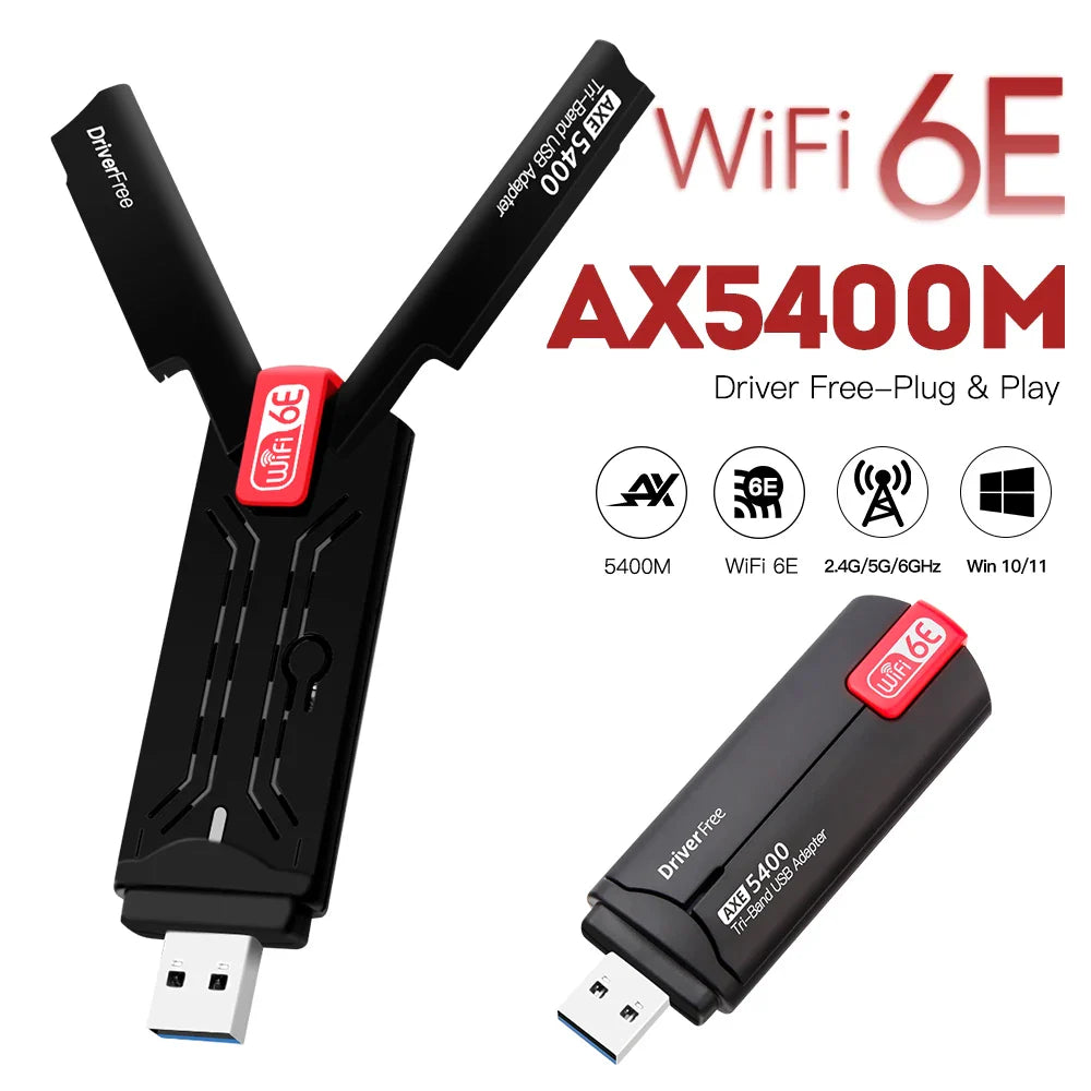 5400Mbps USB Wifi6E Adapter 2.4G&5G&6GHz USB 3.0 Wifi 6 Receiver Dongle Tri-band Antenna MU-MIMO Plug and Play for Windows 10/11