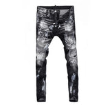 High Street Fashion Men Jeans Retro Black Gray Elastic Slim Fit Ripped Jeans Men Painted Designer Hip Hop Brand Pants Hombre