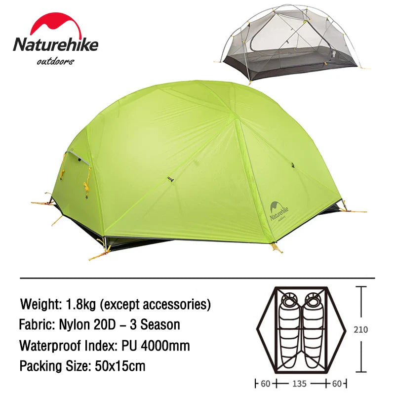 Naturehike Camping Tent 2 Person Mongar Ultralight Tent Outdoor Travel Tent Double Layer Waterproof Tent 3 Season Portable Tent