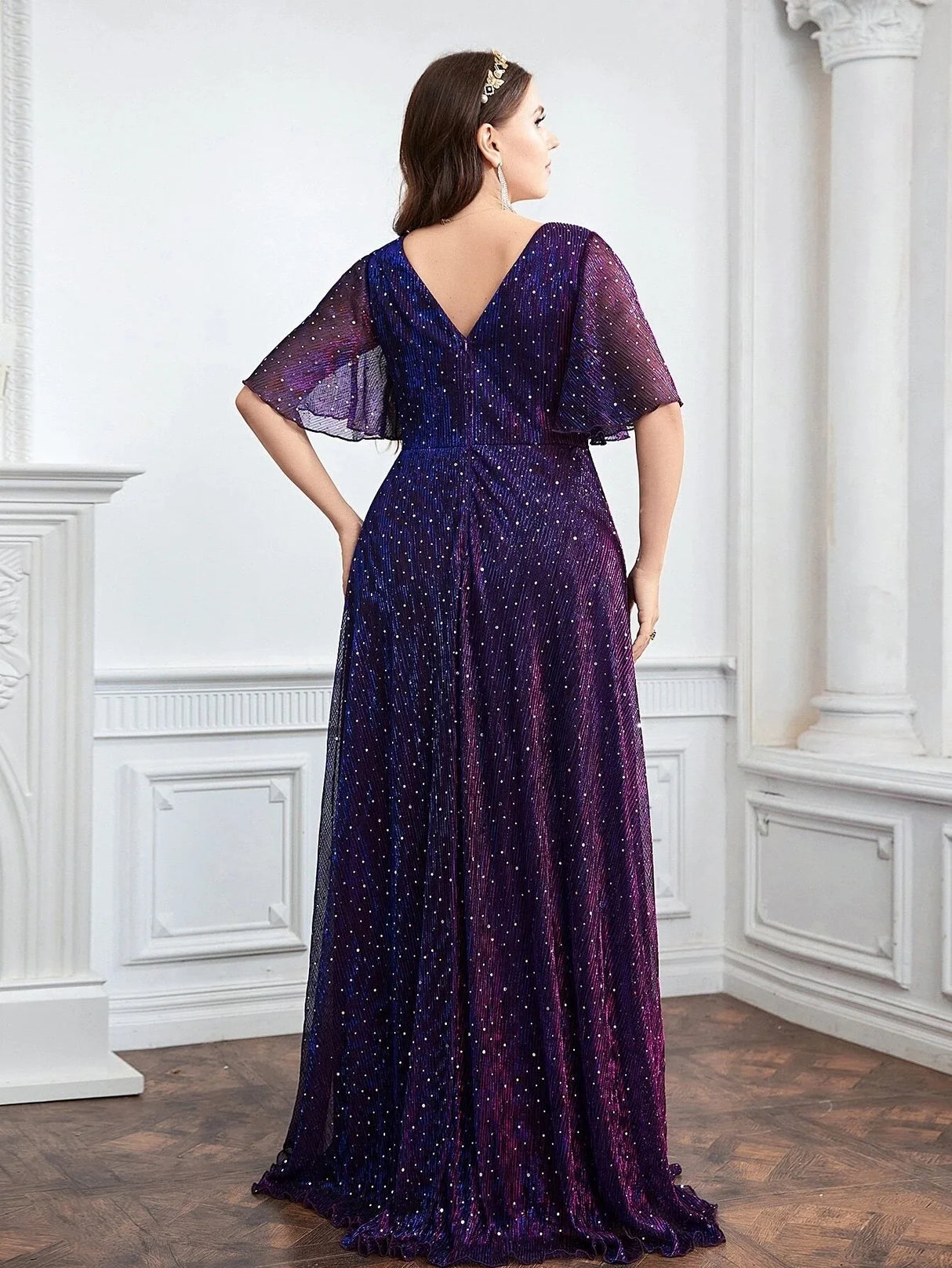 Sequin Evening Dress For Wedding Bridesmaid Plus Size Female Purple Plunging Neck Butterfly Sleeve Glitter Party Lady Dress