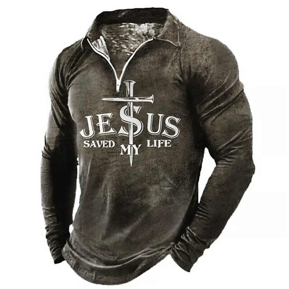 Christian T Shirts Collar Polo Golf Letter Clothing Men's Tops Turndown Jesus Christ Cross 3D Print Long Sleeve Zipper Vintage