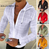 Fashionable new men's zippered hooded white plaid T-shirt hip-hop long sleeved cardigan men's T-shirt top S-3XXL