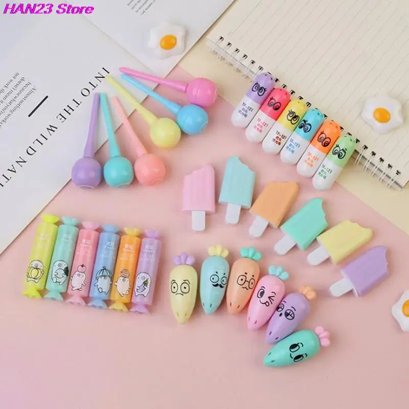 6Pcs/Lot Cute Cartoon Cat Highlighters School Office Stationery Students Drawing Supplies Kawaii Ice Cream Mini Paint Marker Pen