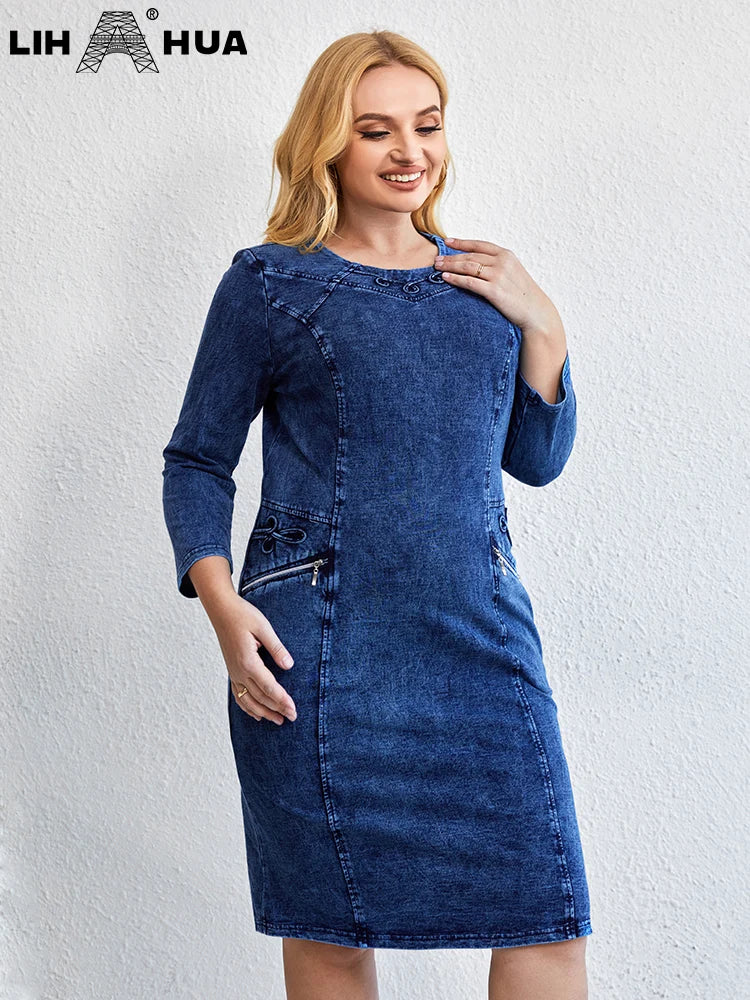 LIH HUA Women's Plus Size Denim Dress Autumn Chic Elegant Dresses For Chubby Women Round Neck Cotton Knitted Dress