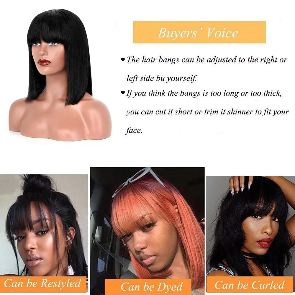 Straight Bob Wig With Bangs Natural Short Straight Wigs For Black Women Machine Made Glueless Brazilian Virgin Hair Bangs Wigs