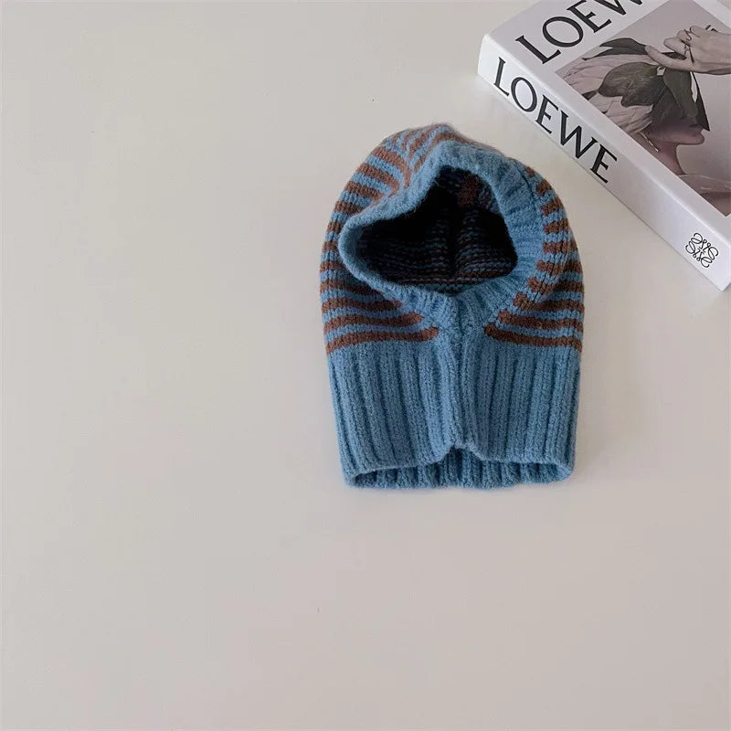 2-6Y Unisex Kids One-Piece Hats Scarf Winter Baby Girls Boys Stripe Knit Cap Woolen Yarn Scarf Earmuff Warm Keep Set for Outdoor