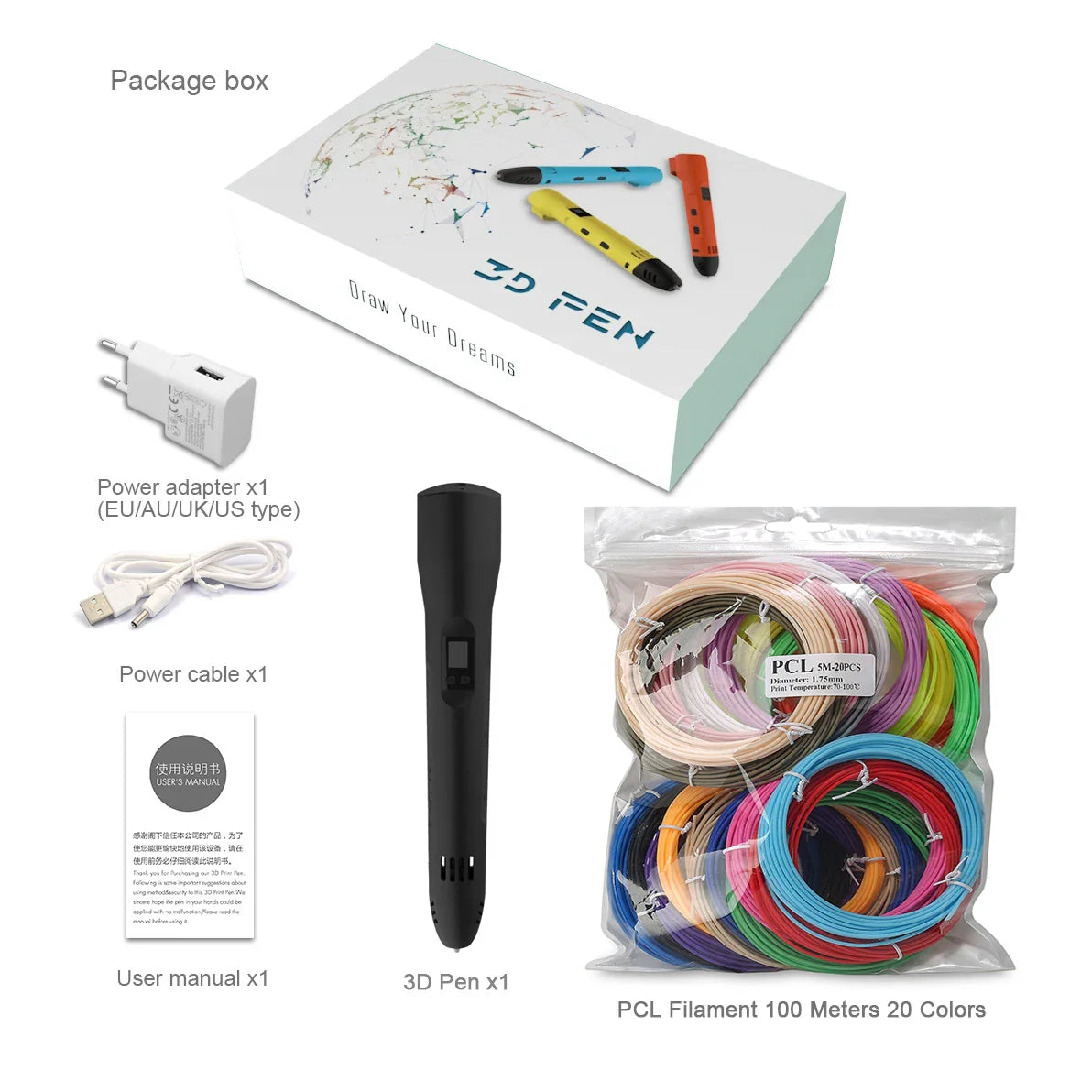 Innovative QCREATE 3D Pen with LCD Display, Adjustable Temperature & Speed, Includes 100m of PLA/PCL Filament