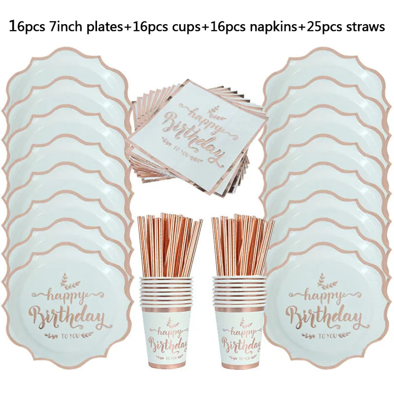 Rose Gold Party Supplies Disposable Polka Dots Paper Plate Cup Straw Banner Tableware Bridal Shower Wedding Birthday Party Decor