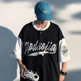 Street Hiphop Color Contrast Stitching Baseball Shirt Cardigan Jacket Summer Short-sleeved Shirt Men's Loose Top Men's Clothing