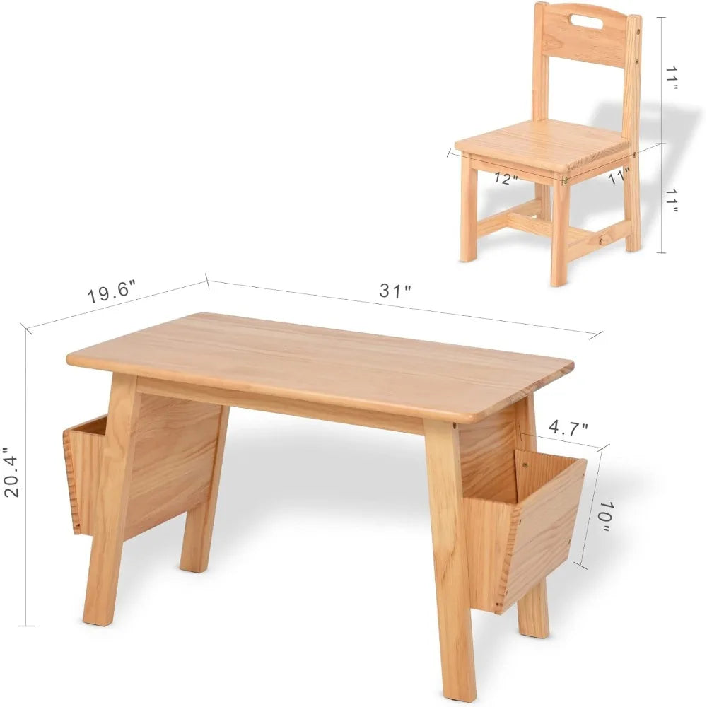 Kids Solid Wood Table and 2 Chair Set with Storage Desk and Chair Set for Children Toddler Activity Table