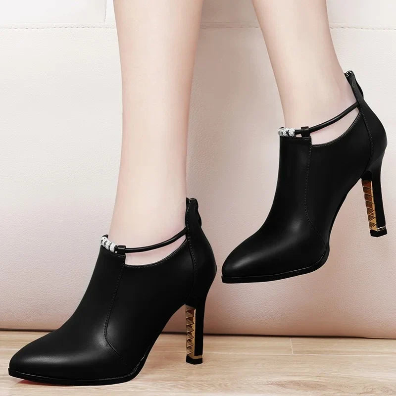 Botas Mujer2019new Winter Boots Women Shallow Round Toe Red Women's Boots Thin Heels Zip Ankle Boots Pu Leather Zapatos De Mujer