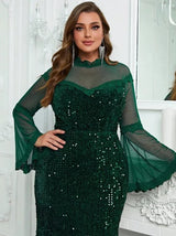 Plus Size Evening Dresses Fashion Women Sequins Mesh Patchwork Long Sleeve Party Dresses Large Size Elegant Ladies Dresses 2023