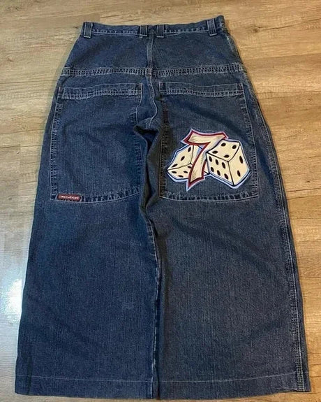 JNCO Jeans Men Y2K Harajuku Hip Hop 7 Graphic Embroidery Baggy Denim Pants Streetwear Casual High Waist Wide Leg Trousers New