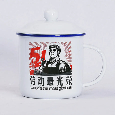 450m Nostalgic Classics Ceramic Cup With Lid China Mao Zedong Retro Drinking Glass Office Creative Tea Pot Imitation Enamel Mug