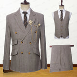 2023 Latest Summer Men Double Breasted Khaki Linen Suits Vetical Stripe Slim Fit Tuxedos For Wedding 3 Pcs Set Jacket Vest Pants