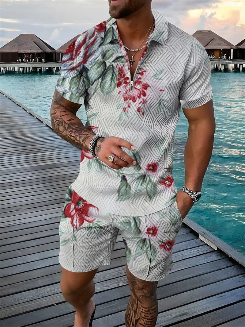 Flower 3D Print Polo Shirts Shorts Sets Men's Fashion Floral Oversized Short Sleeve Shirt Pants Set Suits Man Tracksuit Clothing