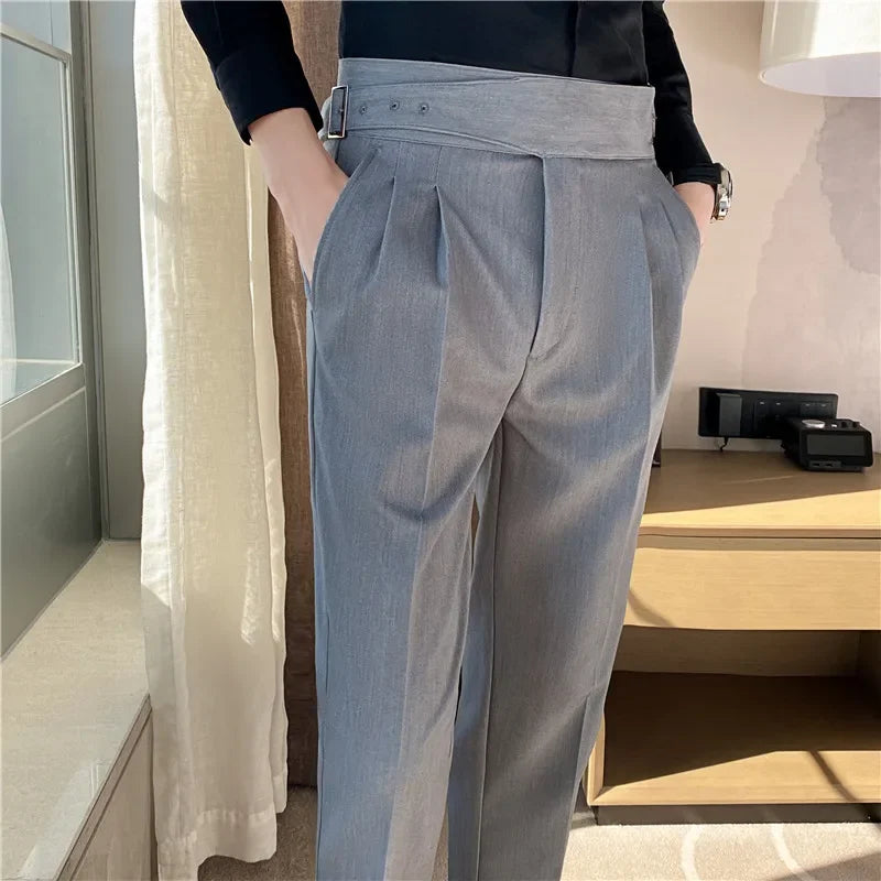 British Style Men High Waist Dress Pants 2023 Autumn Solid Color Casual Trousers Slim Fit Formal Suit Pants Fashion Men Clothing