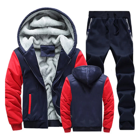 Winter Men Tracksuit Hooded Sportswear Zipper Jacket Fleece Trousers Men's Warm Solid Color Casual Men's Sports Suit