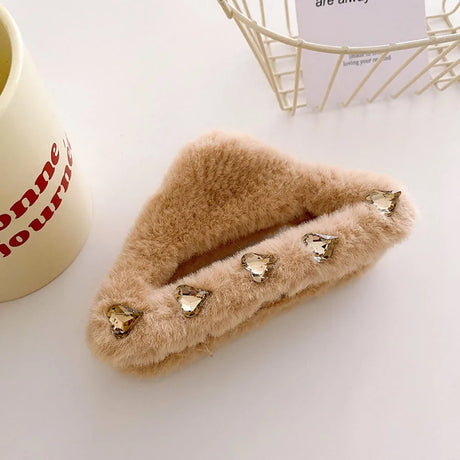 Autumn Winter Retro Oversized Geometric Plush Hair Clip Claw Fashion Light Luxury Rhinestones Plush Shark Clip Hair Accessories