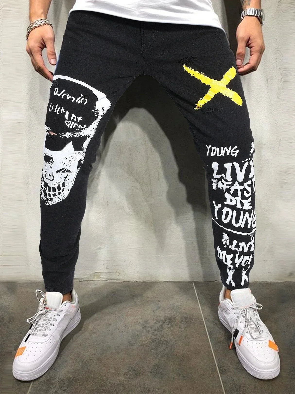 Men's Print Ripped Stretch Denim Black Skinny Jeans Fashion Y2K Streetwear Fancy Color Letters Painted Tapered Pencil Pants