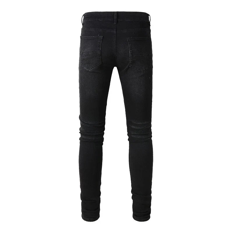 Men Pleated Patch Biker Jeans Streetwear Skinny Tapered Stretch Denim Pants Ripped Patchwork Black Trousers