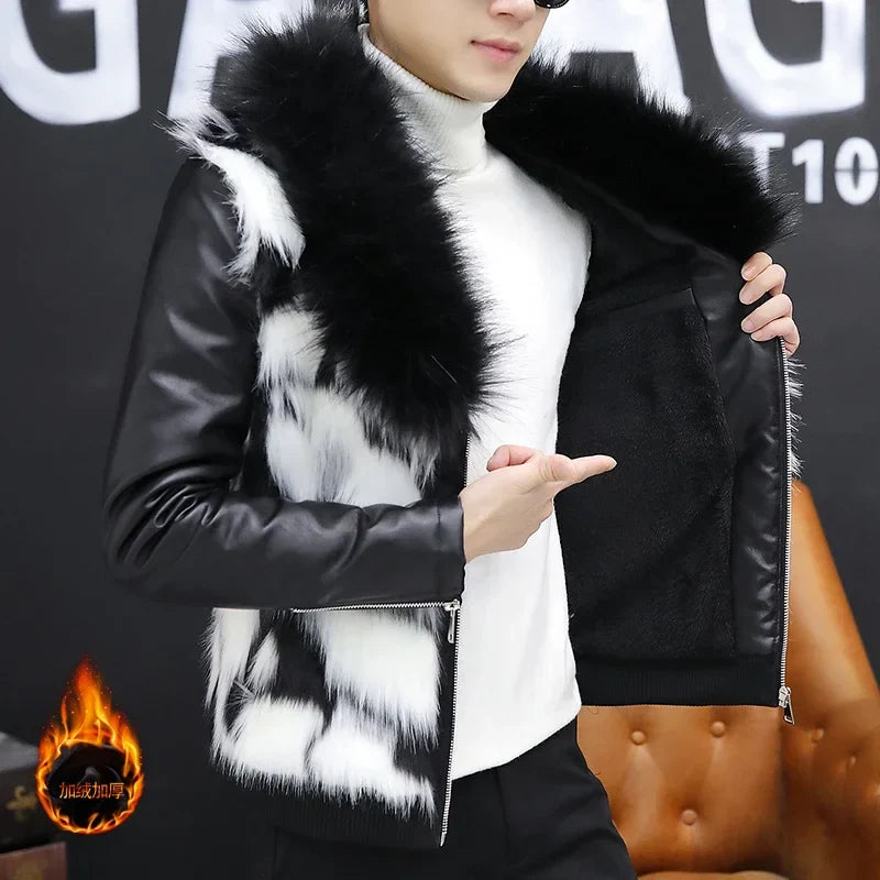 HOO 2024 Men's Cool Fur Collar Leather Coat Youth Fleece Thickened Faux Fur PU Leather