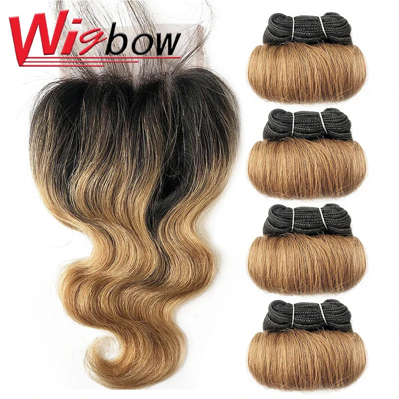 Blonde Bundles With Closure Short Human Hair Braizlian Curly Bundles With 4x4 Lace Closure Ombre 4+1 Bundles T1B 30 27 Bug