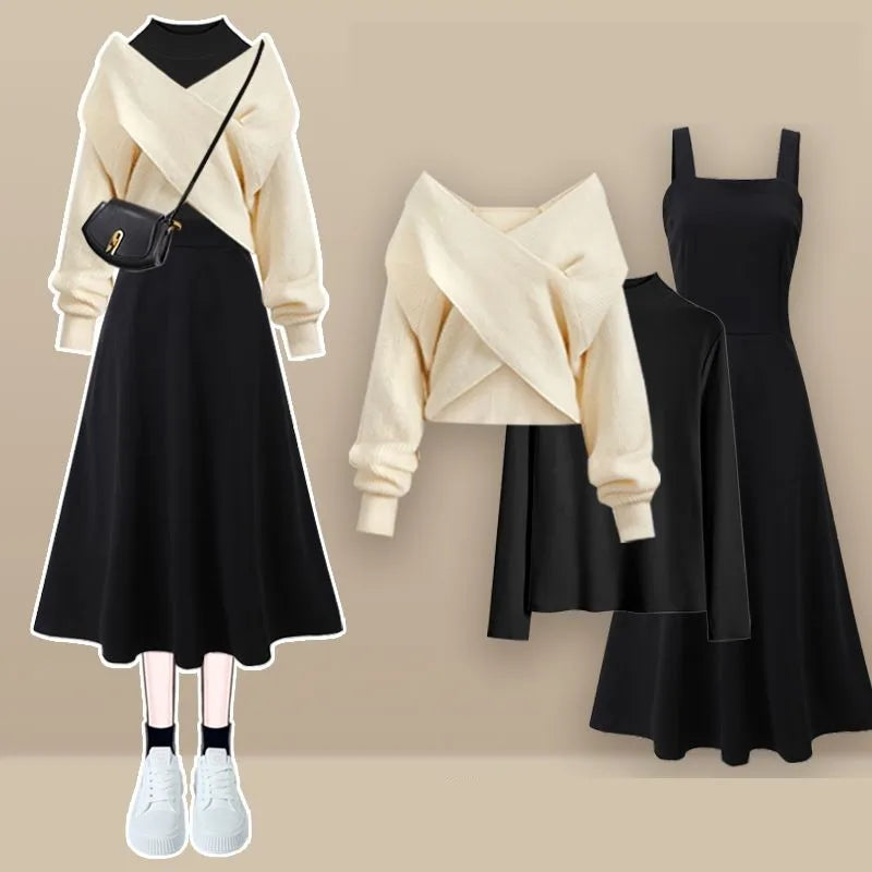 2023 Autumn/Winter New Korean Elegant Matching Set Women's Fashion Cross Knit Sweater+Bottom Shirt+Strap Dress Three Piece Suit