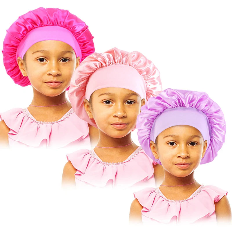 3PCS/LOT Children Elastic Sleepcap Kids Simple Solid Color Satin Bonnets Cute Nightcap Beauty And Hair Care Cap Shower Hat