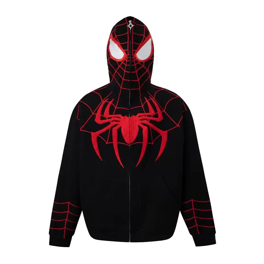 Hip Hop Hoodie Coat Men Women Y2K Harajuku Embroidery Spider Web Full Zip Up Hooded Sweatshirt Loose Streetwear Autumn Tops