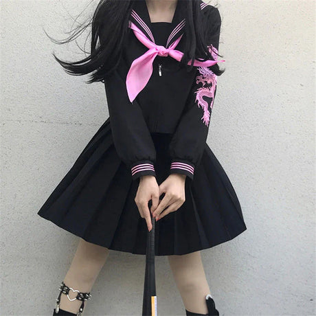 Japanese School Bad Girl Style Uniform Plus Size JK Pink Dragon Black Sailor Basic Cartoon Sailor Uniform Sets Women Girl COS