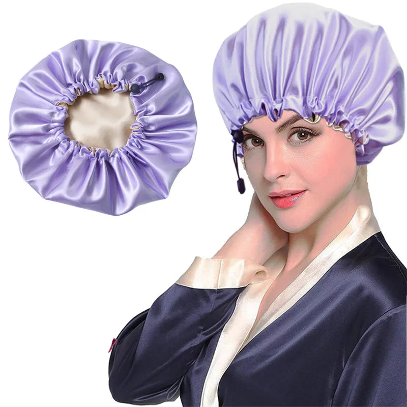 Ladies Satin Nightcap Solid Color Simple Drawstring Adjustable Hair Care Bandana Double Sided Shower Cap Chemo Head Cover