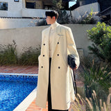 IEFB Men Woolen Coat Autumn Winter Korean Fashion Versatile Thickened Double Breasted 2023 Solid Color Male Trench Overknee