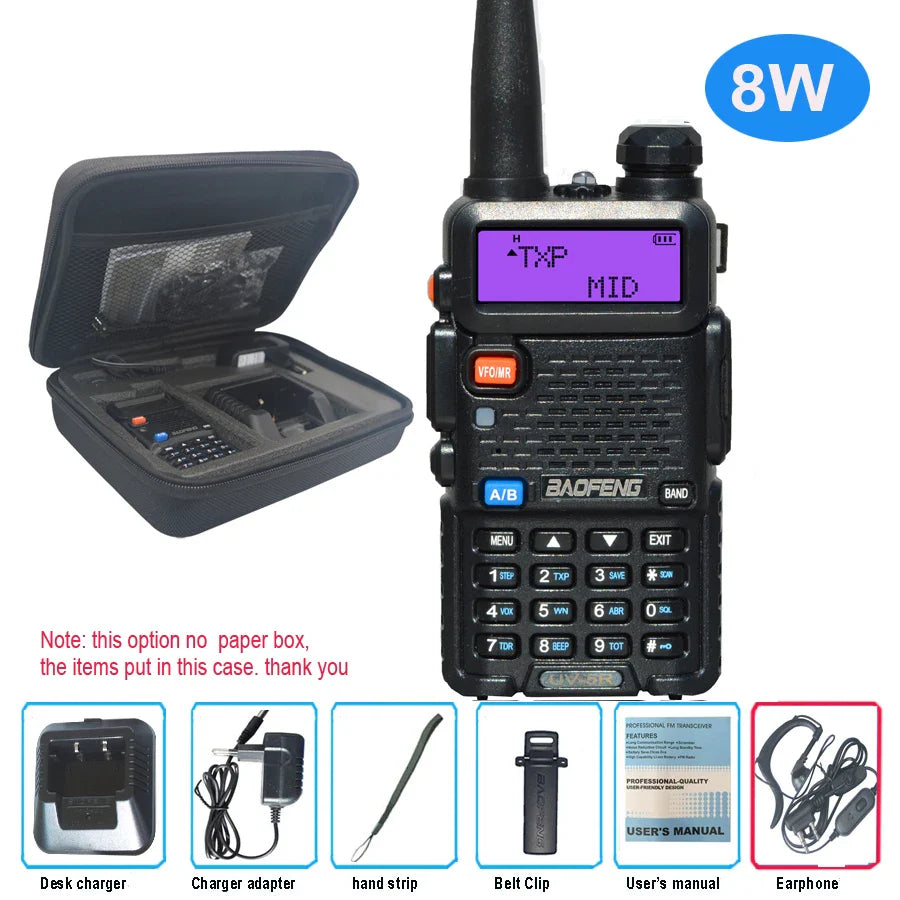 Baofeng UV 5R Walkie Talkie True 8W Portable Ham CB Radio Dual Band VHF UHF FM Transceiver Two Way Hunting Radios UV82 UV9R Plus