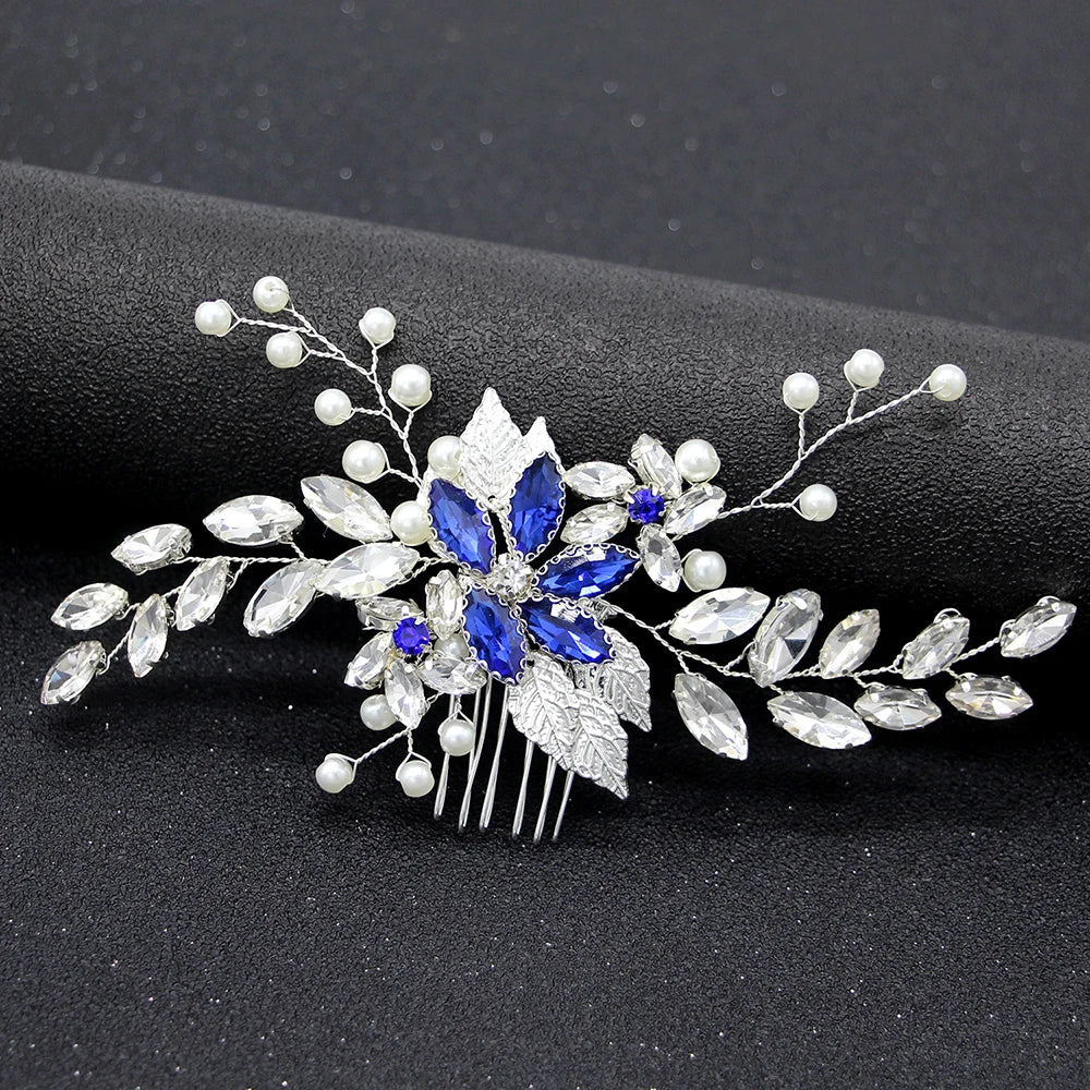 Blue Crystal Hair Comb Bride Tiaras For Women Shiny Alloy Hairpin Clip Fashion Wedding Hair Accessoreis 2023 New Tiaras Gifts