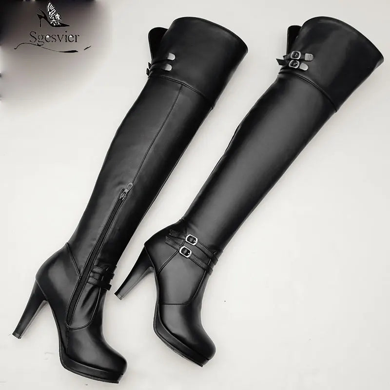 Sgesvier 2021 Black High Heels Over The Knee Boots Women Platform Thigh High Boots Autumn Winter Long Boots Shoes Sexy White