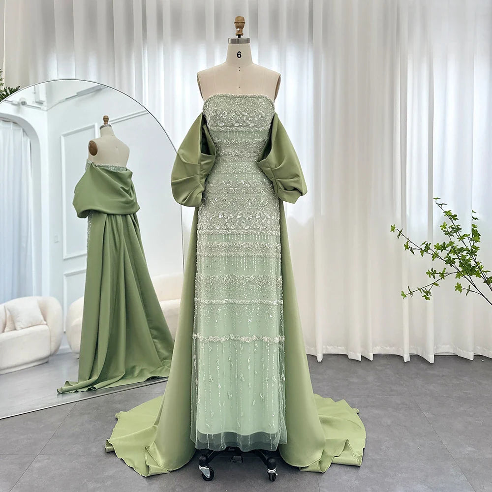 Sharon Said Luxury Dubai Sage Green Evening Dresses with Cape 2024 Arabic Blue Sky Lilac Elegant Women Wedding Party Gowns SS238