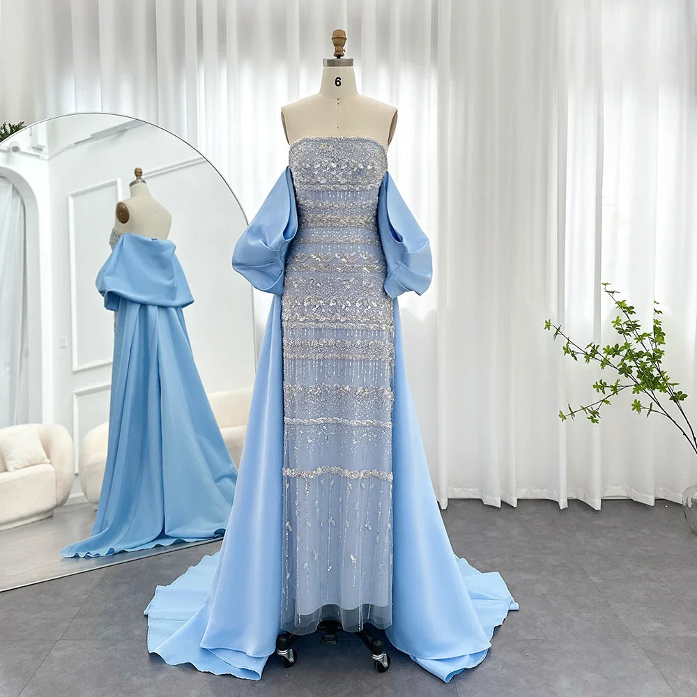 Sharon Said Luxury Dubai Sage Green Evening Dresses with Cape 2024 Arabic Blue Sky Lilac Elegant Women Wedding Party Gowns SS238