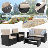 Shintenchi 4-Piece Outdoor Patio Furniture Set, Wicker Rattan Sectional Sofa Couch with Glass Coffee Table | Black