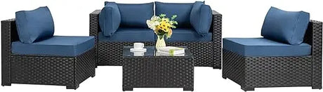 Shintenchi 5 Pieces Outdoor Patio Sectional Sofa Couch, Black PE Wicker Furniture Sets, Patio Conversation Sets with Washable