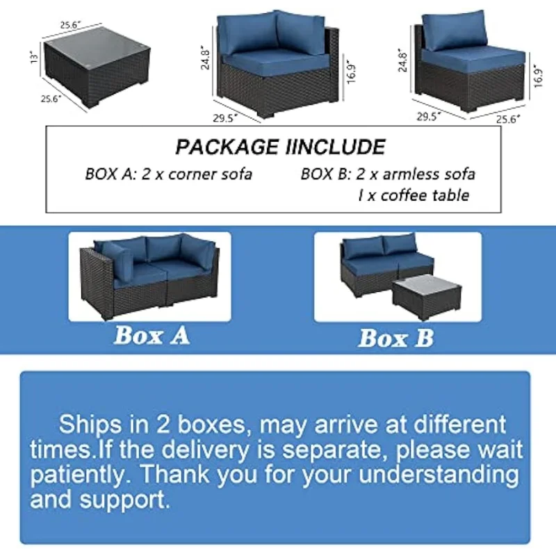 Shintenchi 5 Pieces Outdoor Patio Sectional Sofa Couch, Black PE Wicker Furniture Sets, Patio Conversation Sets with Washable