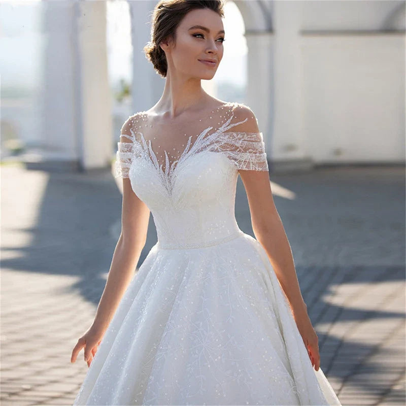 Shiny Off The Shoulder Wedding Dress For Bride Elegant Glitter Lace A-Line Bridal Gown Illusion Pleats Robe De Mariée