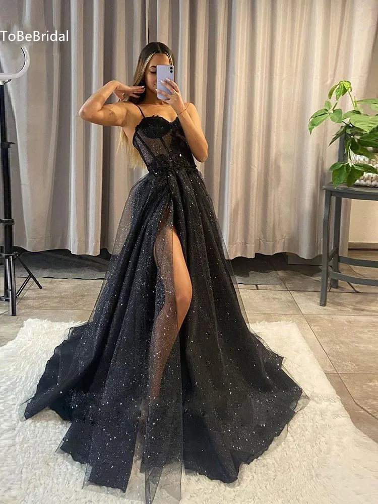 Shiny Tulle Evening Dress 2023 Sexy Black V-Neck StrapLlace Applique Party Dress A-line High Side Slit Formal Occasion Prom Gown