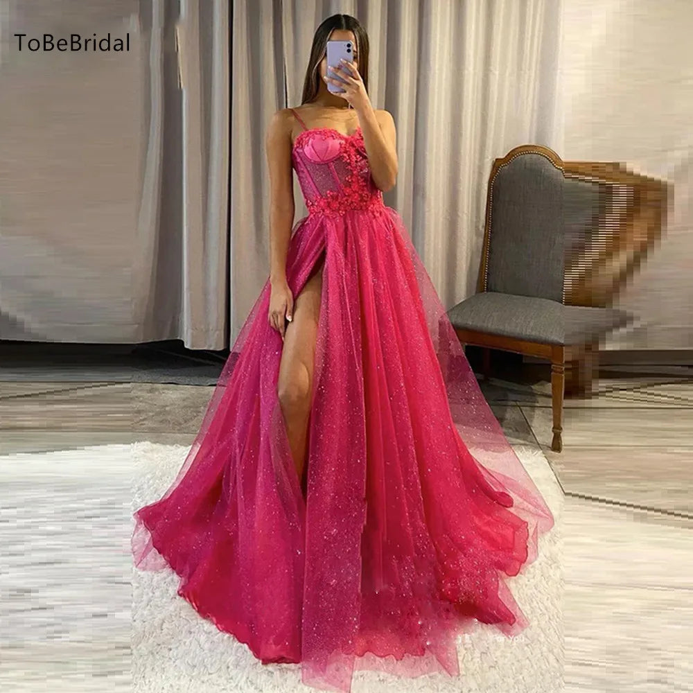 Shiny Tulle Evening Dress 2023 Sexy Black V-Neck StrapLlace Applique Party Dress A-line High Side Slit Formal Occasion Prom Gown