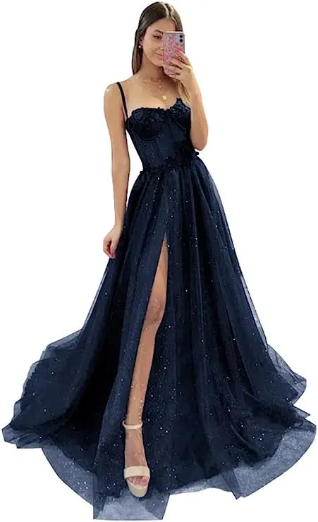 Shiny Tulle Evening Dress 2023 Sexy Black V-Neck StrapLlace Applique Party Dress A-line High Side Slit Formal Occasion Prom Gown