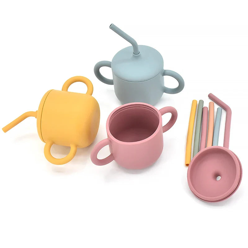 Silicone Baby Feeding Straw Cup Kids Learning Big Ears Feeding Bottle Anti-Hot Leakproof Silicone Tableware Toddler Water Bottle