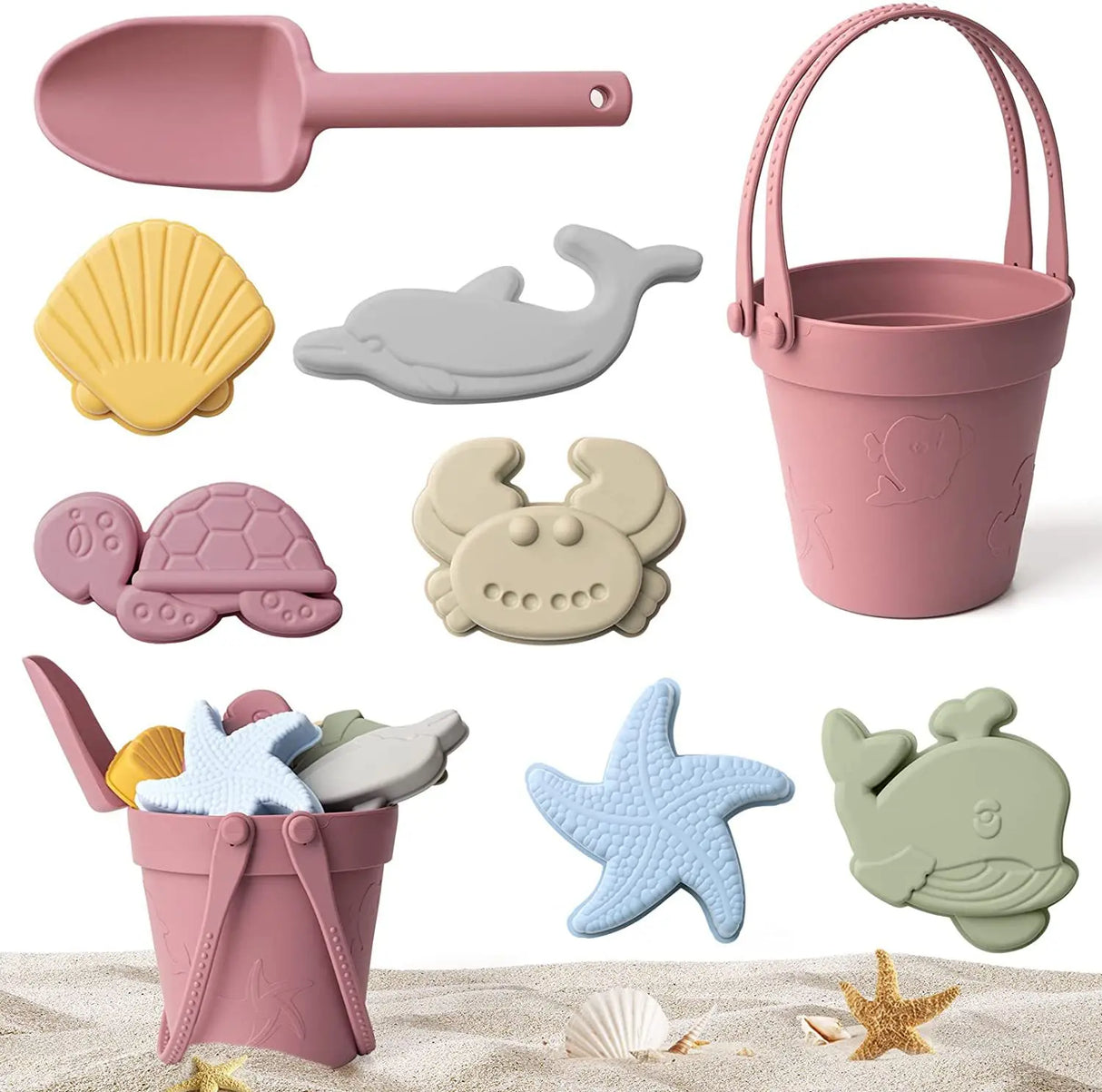 Silicone Beach Toys Set Kids Travel Friendly Beach Silicone Bucket Shovel Sand Molds Beach Bag Silicone Sand Toys for Toddlers