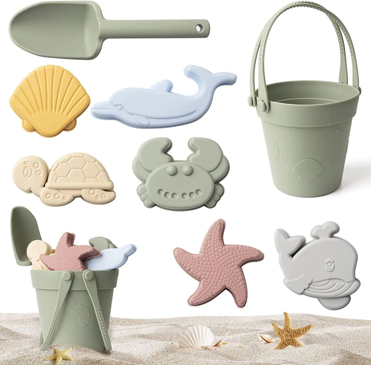 Silicone Beach Toys Set Kids Travel Friendly Beach Silicone Bucket Shovel Sand Molds Beach Bag Silicone Sand Toys for Toddlers